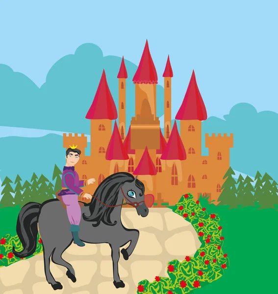 Prinz reitet zu Pferd zur Burg — Stockvektor