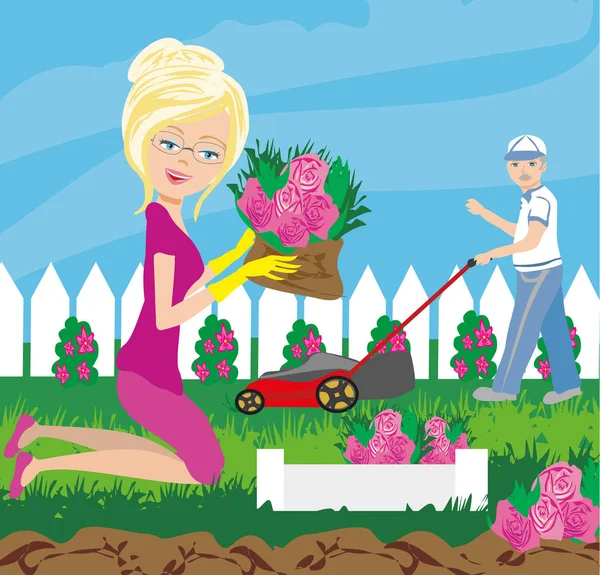 Woman in garden work — Stock Vector