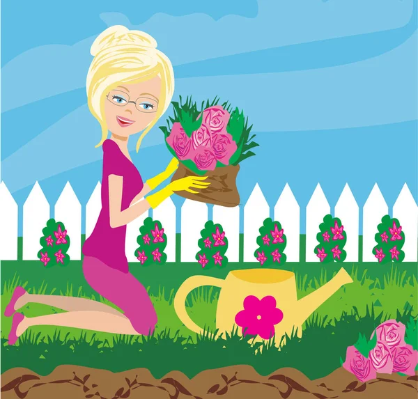 Γυναίκα φυτεύοντας λουλούδια στον κήπο — Διανυσματικό Αρχείο