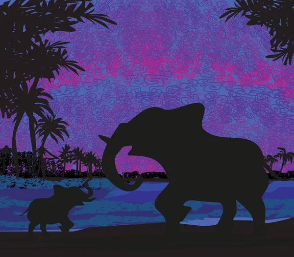 Ελέφαντες να απολαύσετε ένα ηλιοβασίλεμα τοπίο — Διανυσματικό Αρχείο
