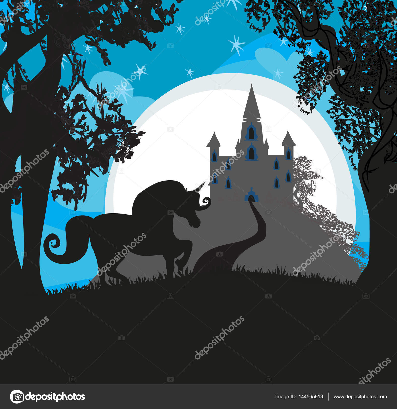 Castle and Unicorn at night landscape — Stock Vector © JackyBrown ...