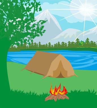 Yaz manzara çadır ve şenlik ateşi