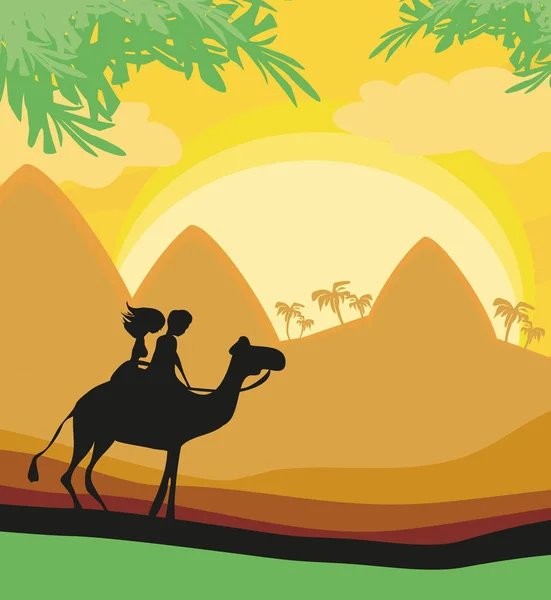 Turistas montando paisagem camelo —  Vetores de Stock