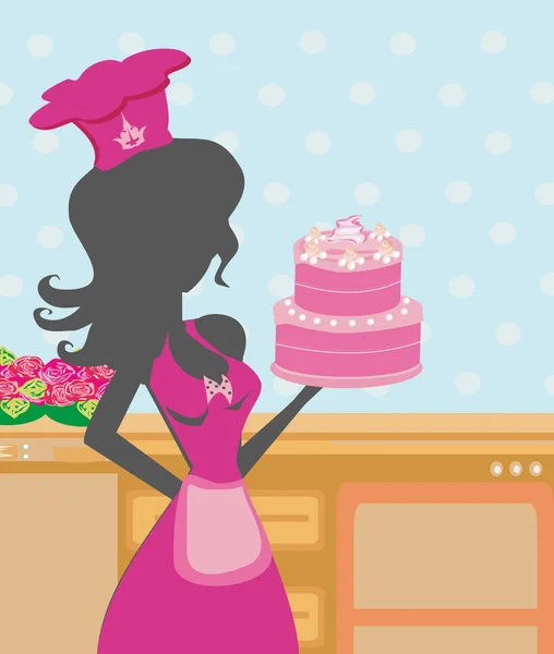 Hausfrau backt Kuchen in der Küche — Stockvektor