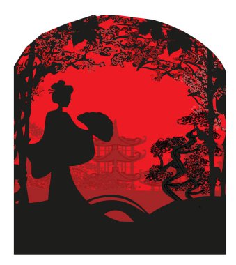 Asyalı kız ile soyut manzara kartı 