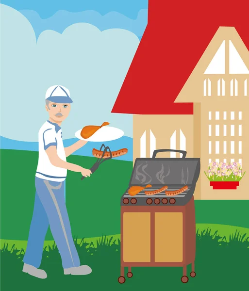 Man Cooking Sausages on Grill — Stock Vector