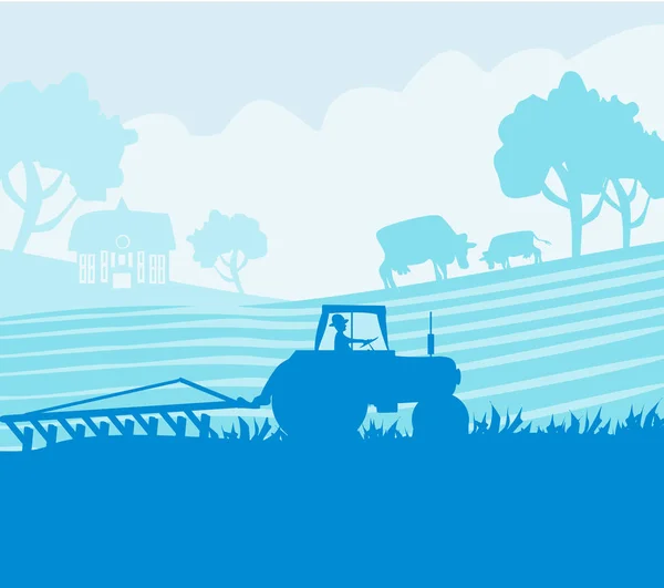 Paisaje rural - tractor y vacas — Vector de stock