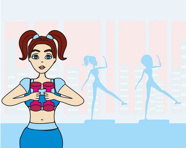 Fit femme brune exercice avec deux haltères dans la salle de gym — Image vectorielle