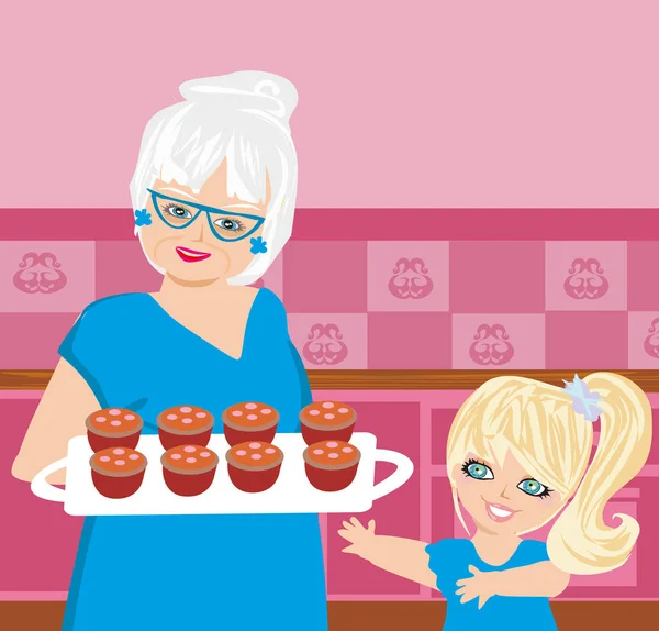 Grandma baking cookies with her granddaughter — Stock Vector