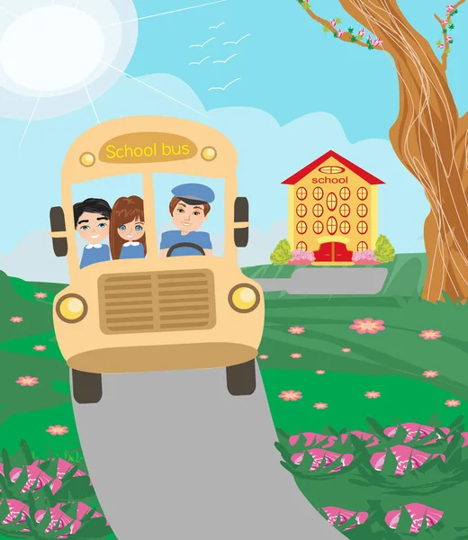 Autobús escolar con niños felices — Vector de stock