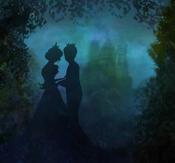 Castelo mágico e princesa com príncipe — Fotografia de Stock