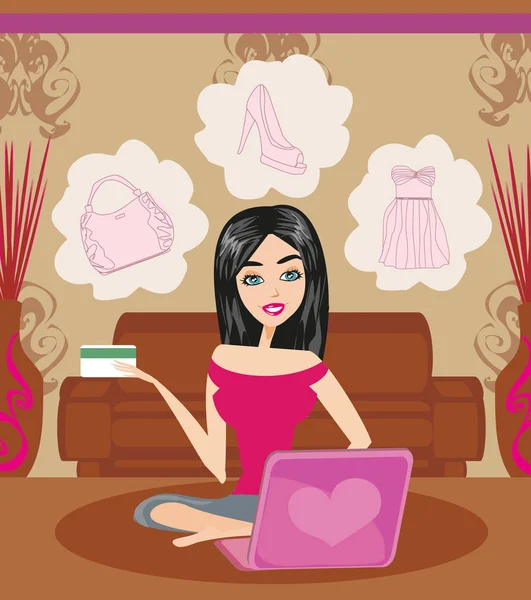 Gelukkige vrouw winkelen online togang winkelen — Stockvector