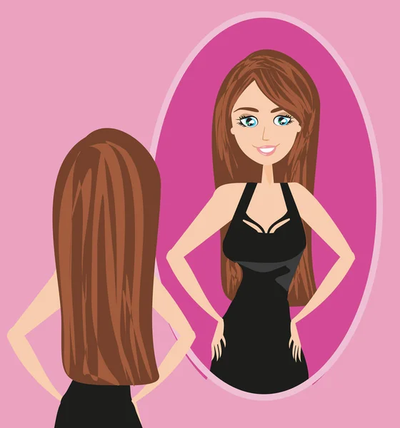 Slim girl is looking at herself in the mirror — Stock Vector