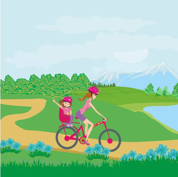 Mother and daughter on a bicycle — Stock Vector