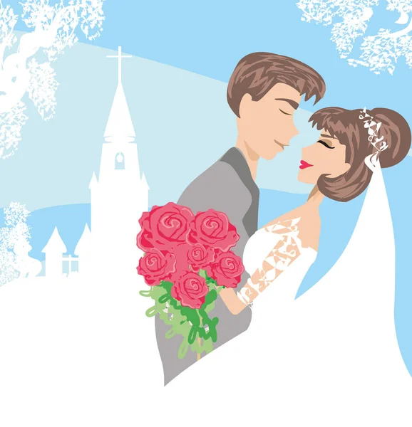 Wedding couple in front of a church — Stock Vector