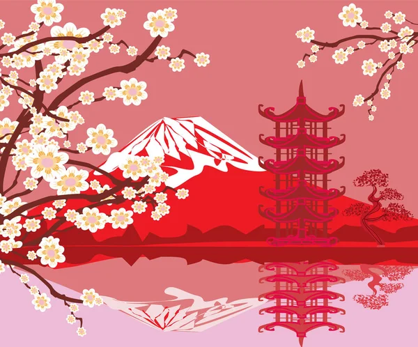Tarjeta con edificios asiáticos y Monte Fuji . — Archivo Imágenes Vectoriales