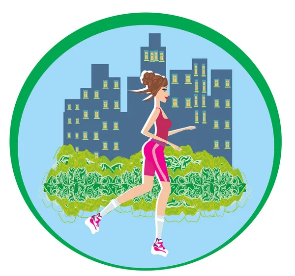 Jogging girl in city - abstract card — Stock Vector