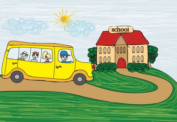 Illustration d'un autobus scolaire se dirigeant vers l'école — Image vectorielle