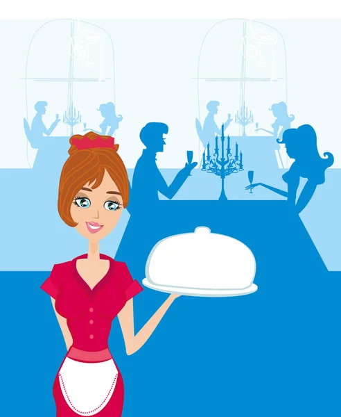 Serveuse servant un plat au restaurant — Image vectorielle