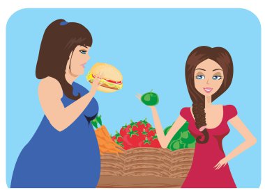 Kalın ve ince kızlarla süpermarket gıda çizimi