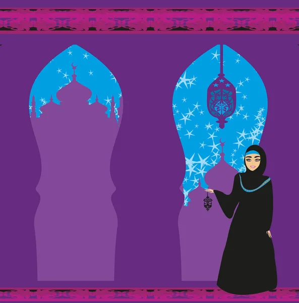 モスクを背景にした美しいイスラム教徒の女性. — ストックベクタ