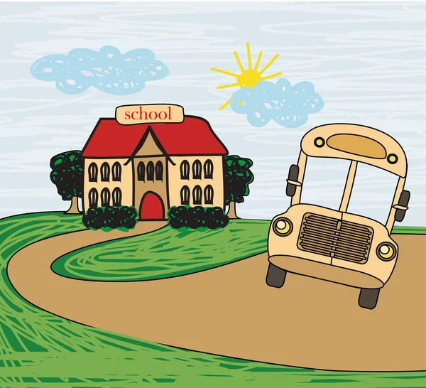 School bus and school — Stock Vector