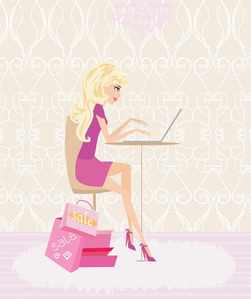Online shopping girl with laptop — Stock Vector