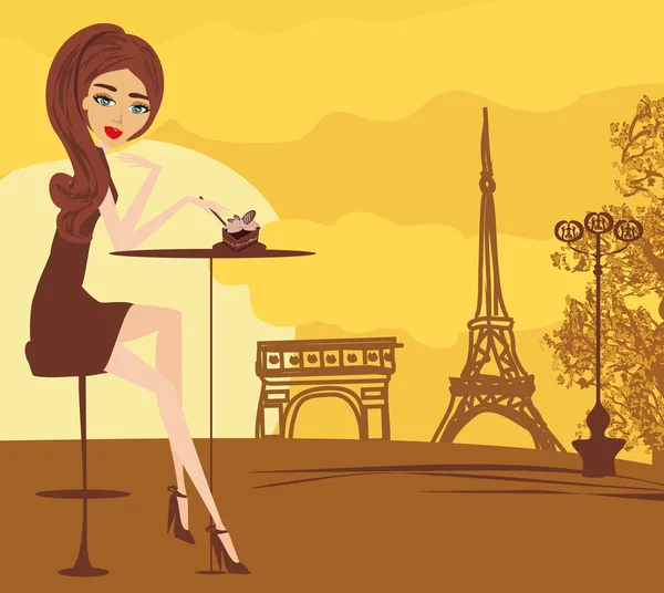 Gadis cantik di kafe Paris - Stok Vektor