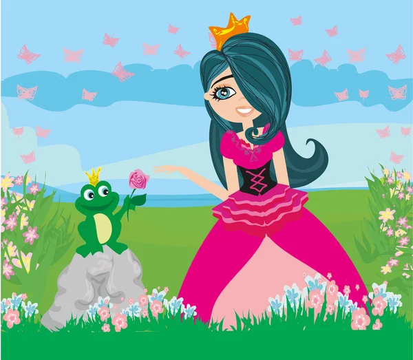 Beautiful young princess and big frog — Stock Vector