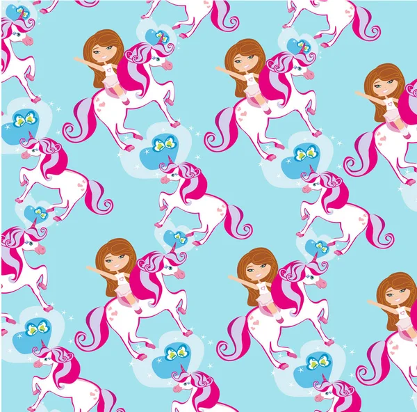 Seamless pattern with Girl on a unicorn — Stock Vector