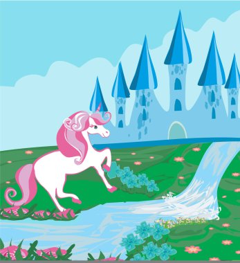 Sihirli kale ve güzel tek boynuzlu at, peri masalı yatay