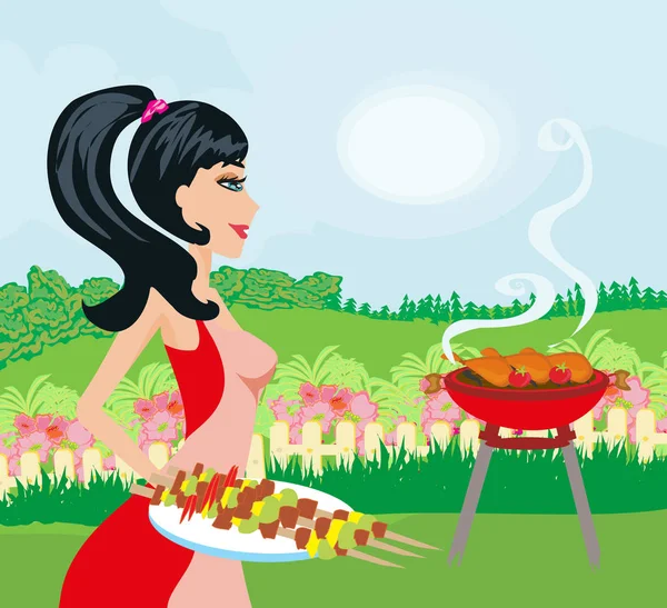 Nő főzés egy grill — Stock Vector