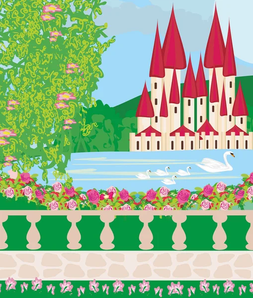 Paisaje con un hermoso castillo, jardines y cisnes — Vector de stock