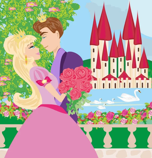 Prinzessin mit Prinz küsst im Garten — Stockvektor