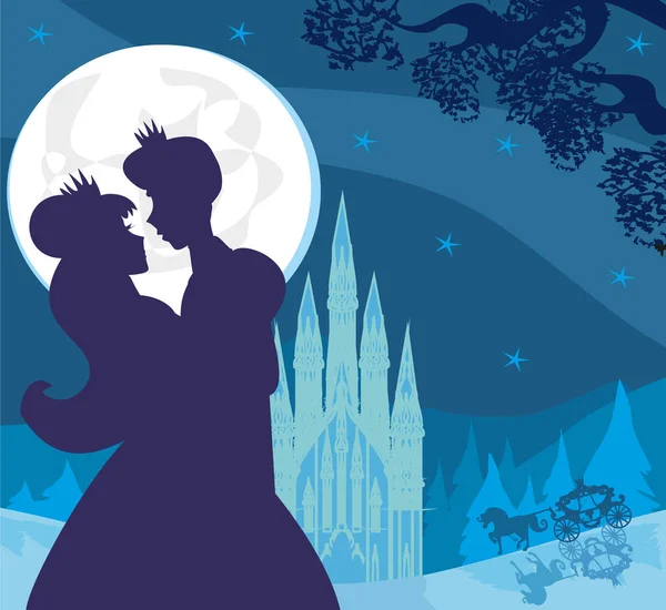 公主和王子吻在夜里 — 图库矢量图片
