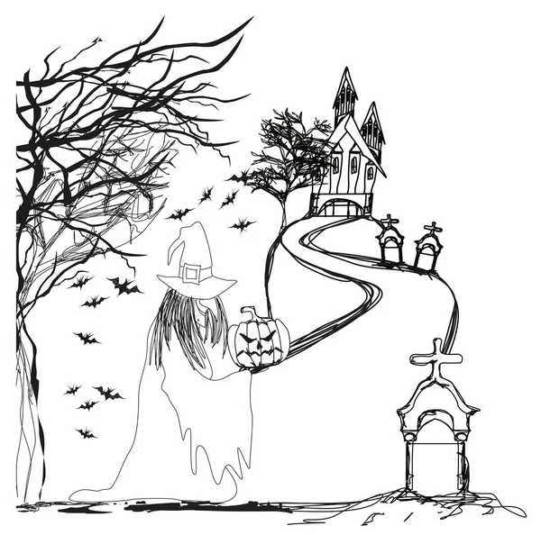 Ілюстрація відьми з гарбузом на Хелловін — стоковий вектор