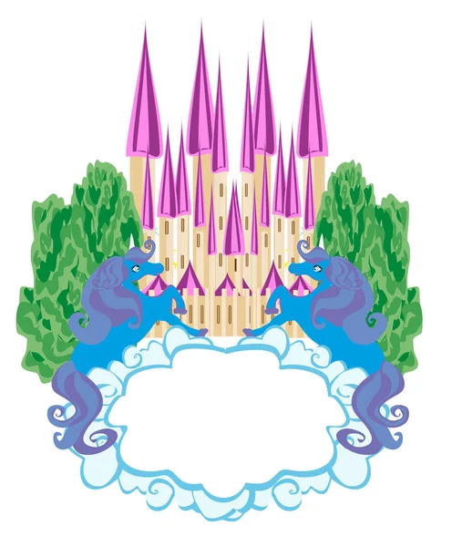 Bingkai Fairytale dengan istana sihir dan unicorn - Stok Vektor