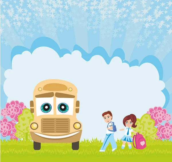 Bus scolaire et enfants heureux — Image vectorielle