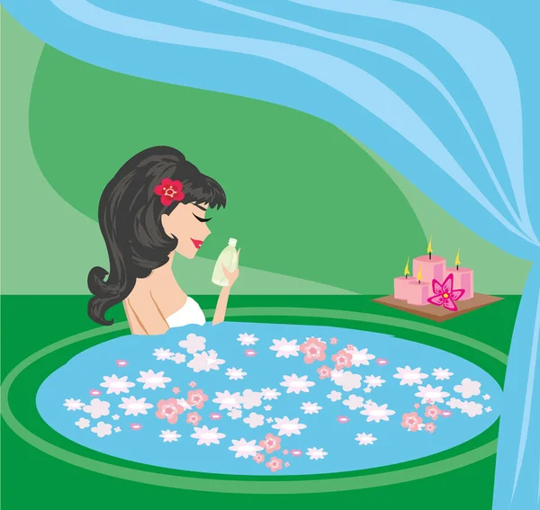 漂亮的女孩享受优雅的温泉 — 图库矢量图片