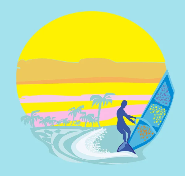 Windsurfer en la ola — Vector de stock