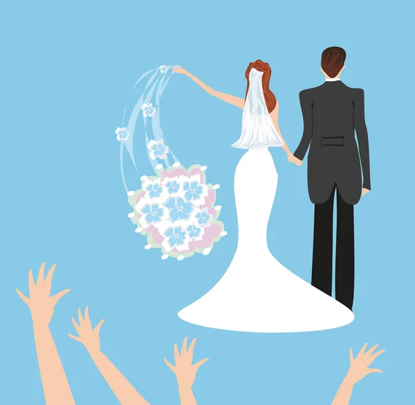 Coppia di nozze, sposa getta il suo bouquet da sposa — Vettoriale Stock