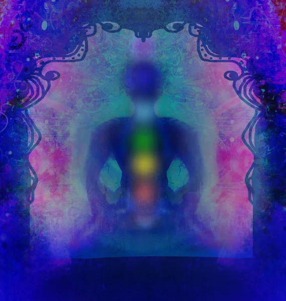 Postura de loto de yoga. Padmasana con puntos de chakra de colores — Foto de Stock