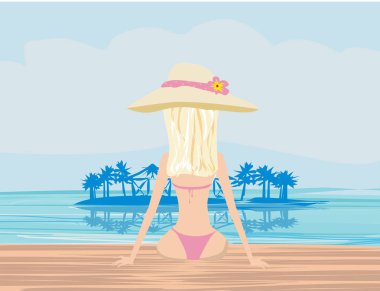 Kız bikini ve tropikal Havuzu 