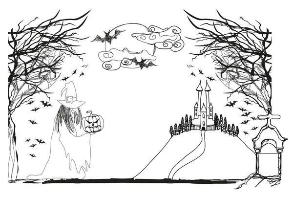 Illustrazione di strega con zucca di Halloween — Vettoriale Stock