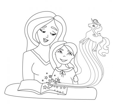 Anne çocuğuna kitap okuyor. 
