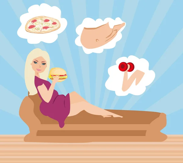 Fat girl eating hamburger — Stock Vector