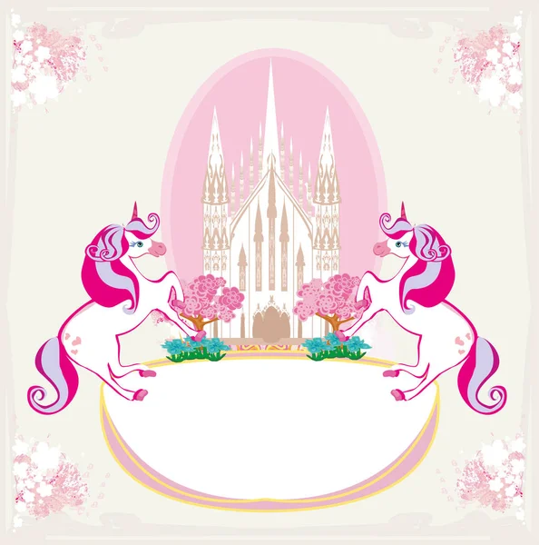 Fairytale frame with magic castle and unicorns — Stock Vector