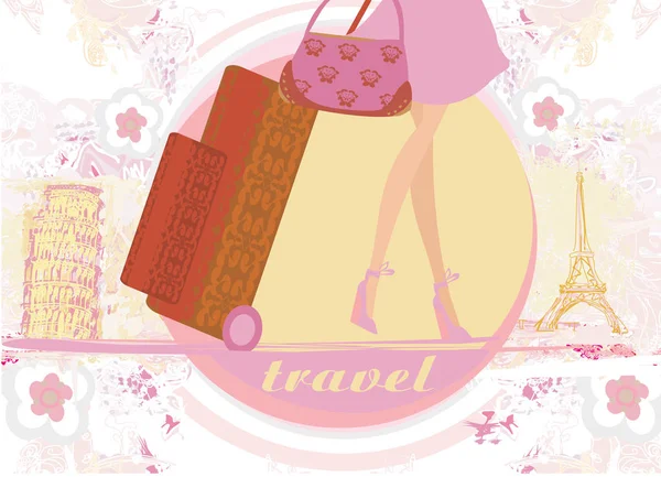 Menina de viagem em França e Itália com bagagem — Vetor de Stock