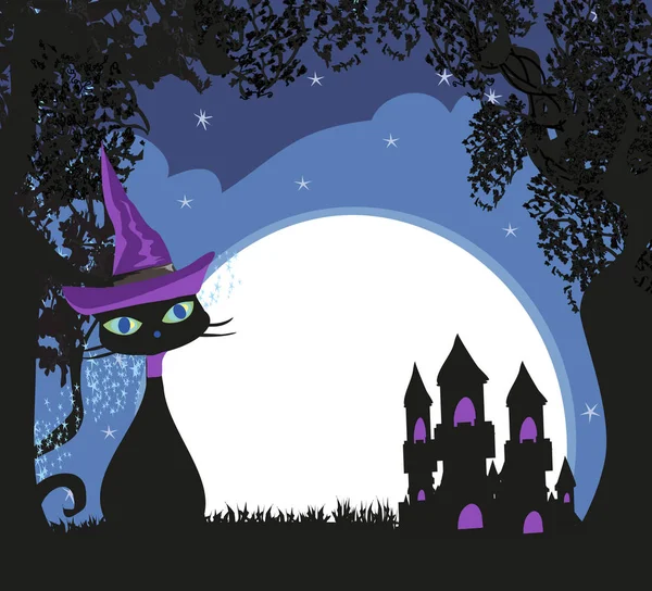 Halloween bruxa gato à noite — Vetor de Stock