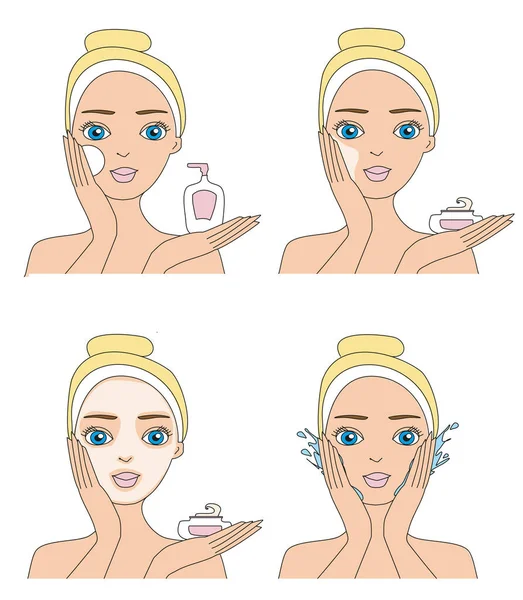 Girl cleaning and care her face. — Stock Vector